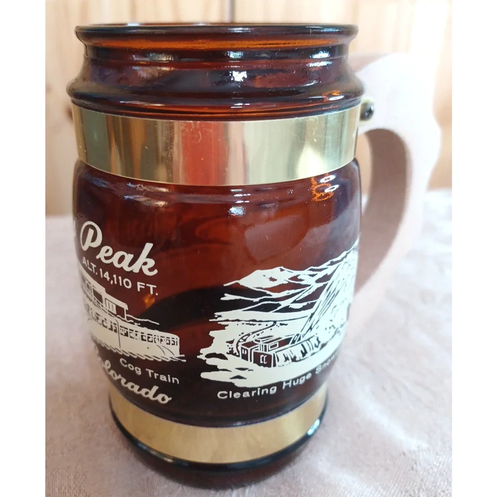 VTG Pikes Peak Colorado Brown Barrel Mug Wood Handle 13 oz Siesta Ware